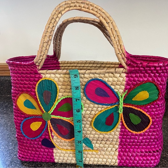 Handcrafted Mexican Artisand Handmade Palm Tote Handbag Colorful Floral Design - Picture 9 of 11